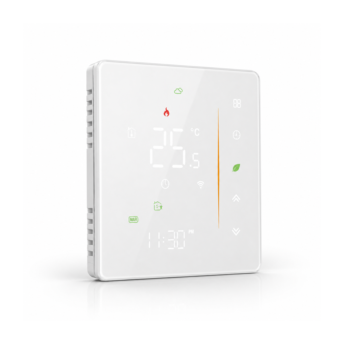 Thermostat NéoStation Comfort blanc avec écran LED et façade verre 2.5D sur fond blanc.