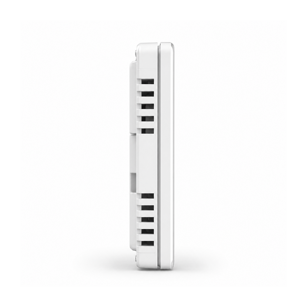 Thermostat NéoStation Comfort blanc vu de profil avec grilles d’aération sur fond blanc.
