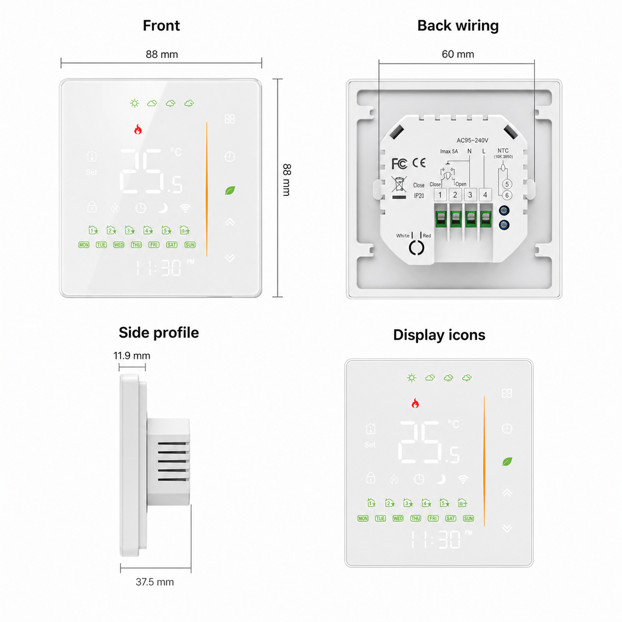 Clean dimensions and wiring diagram for NéoStation Comfort thermostat