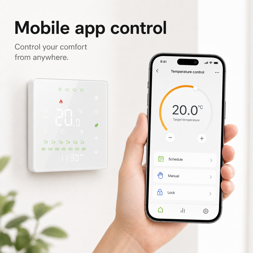 Mobile app temperature control for white wall thermostat