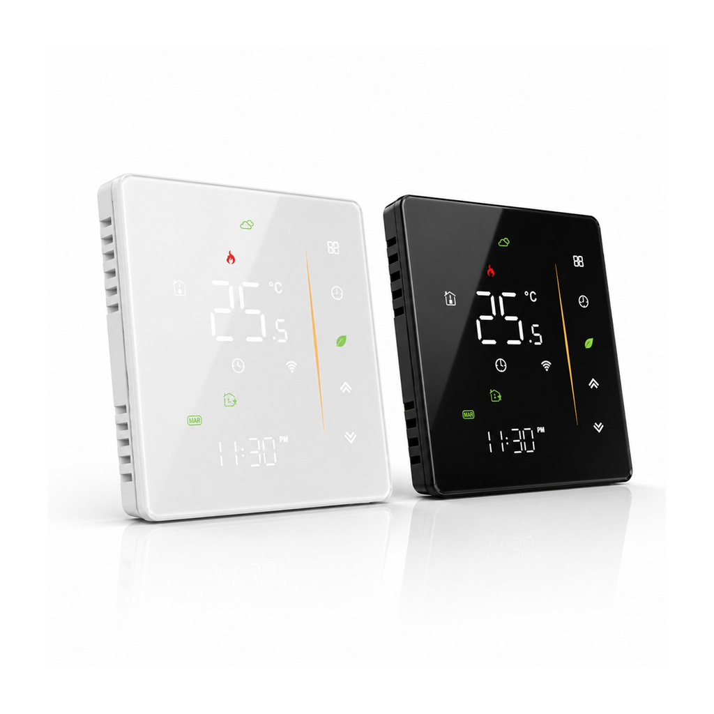 Thermostats NéoStation Comfort noir et blanc avec écran LED et façade verre 2.5D sur fond blanc.