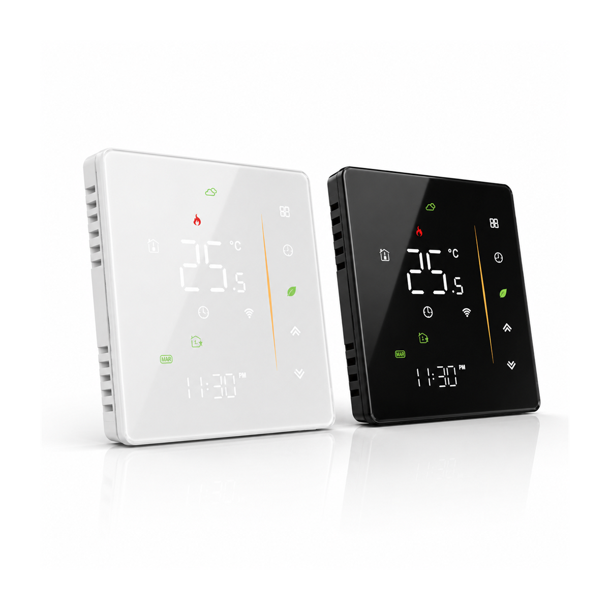 Thermostats NéoStation Comfort noir et blanc avec écran LED et façade verre 2.5D sur fond blanc.