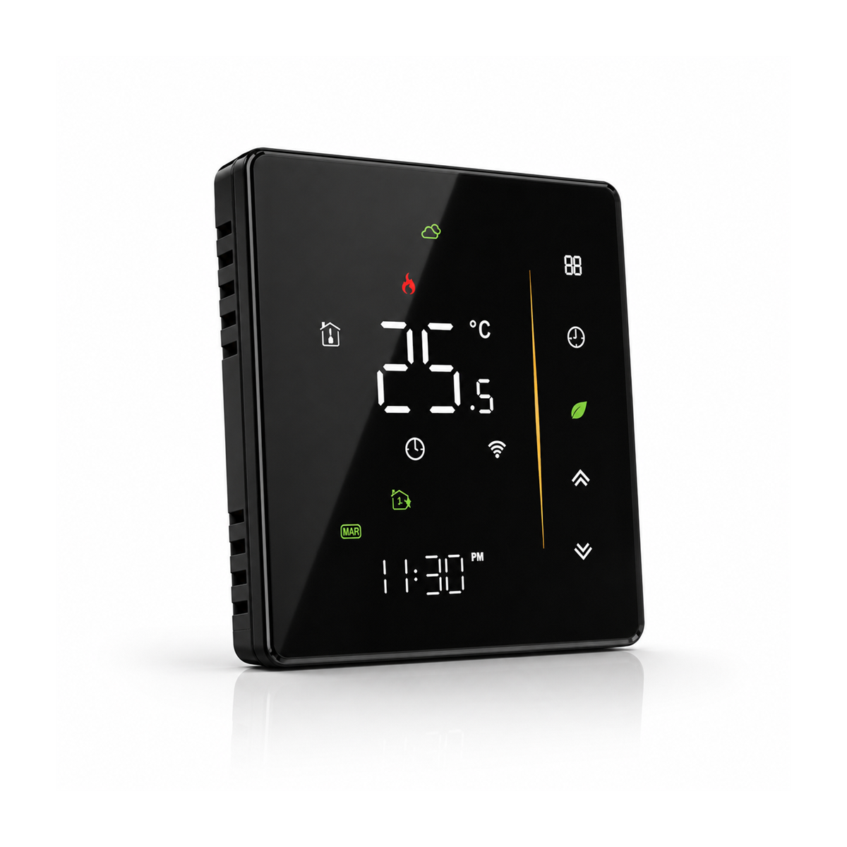 Thermostat NéoStation Comfort noir avec écran LED et façade verre 2.5D sur fond blanc.