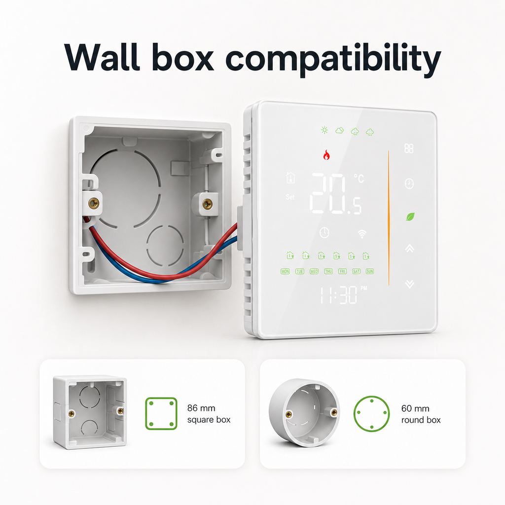 Wall box compatibility with 86 mm square and 60 mm round boxes