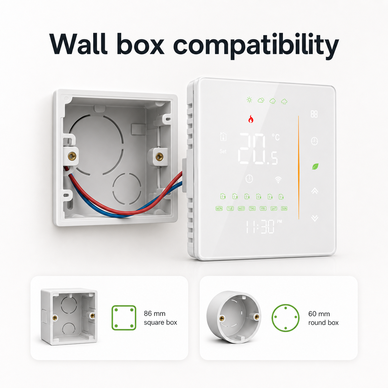 Wall box compatibility with 86 mm square and 60 mm round boxes