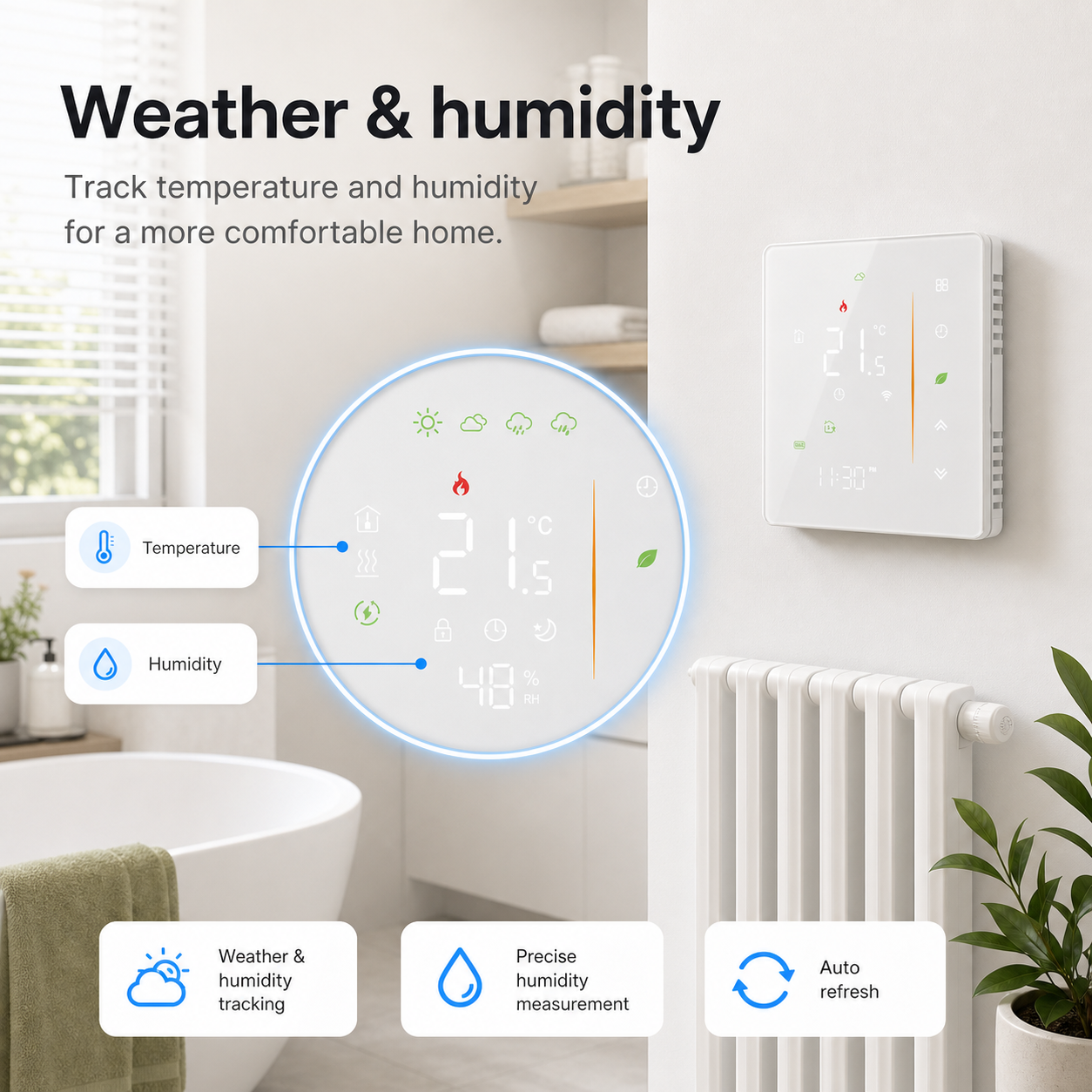 Weather and humidity tracking display for smart thermostat