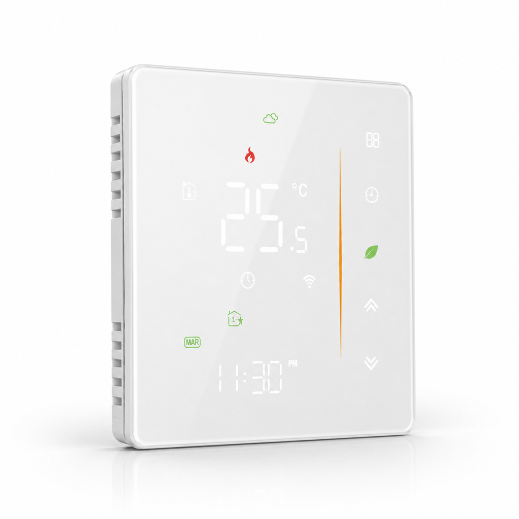 White 2.5D glass thermostat with subtle LED temperature display