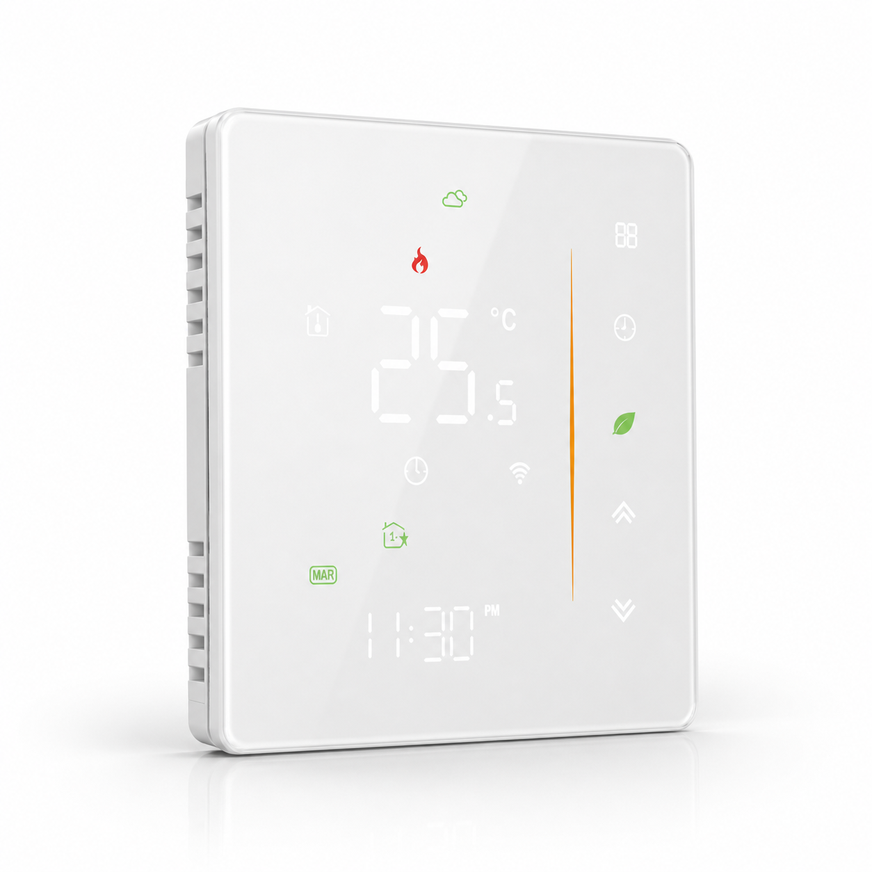 White 2.5D glass thermostat with subtle LED temperature display