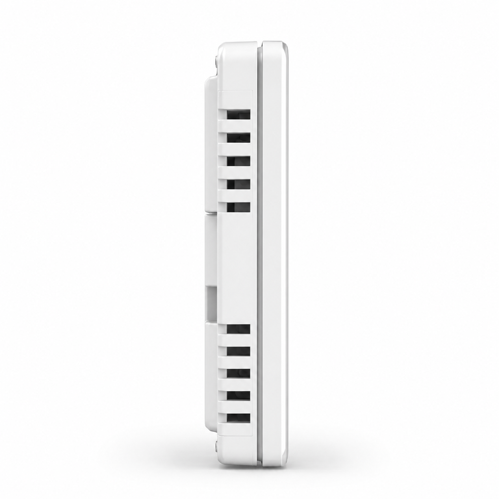 Side profile of white thermostat showing ventilation slots
