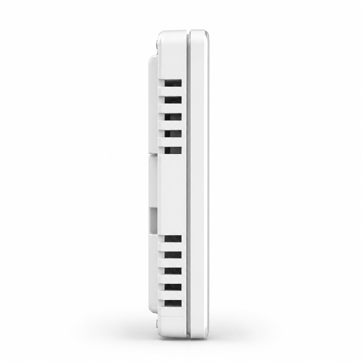 Side profile of white thermostat showing ventilation slots