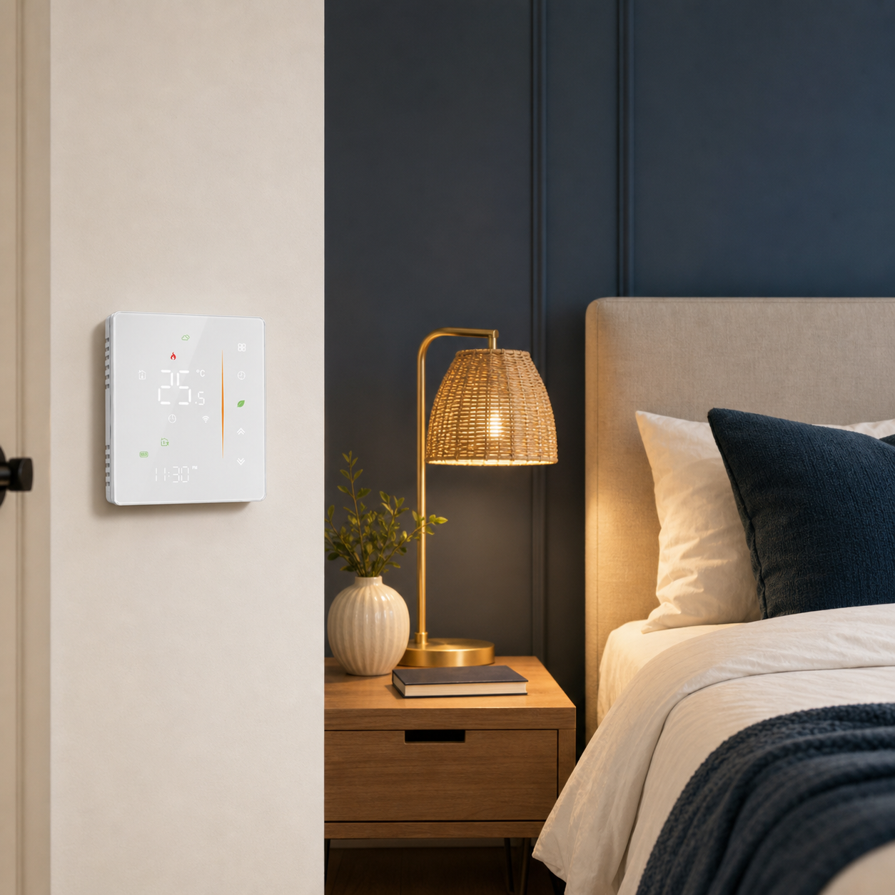 White thermostat installed on a bedroom wall near a bedside lamp