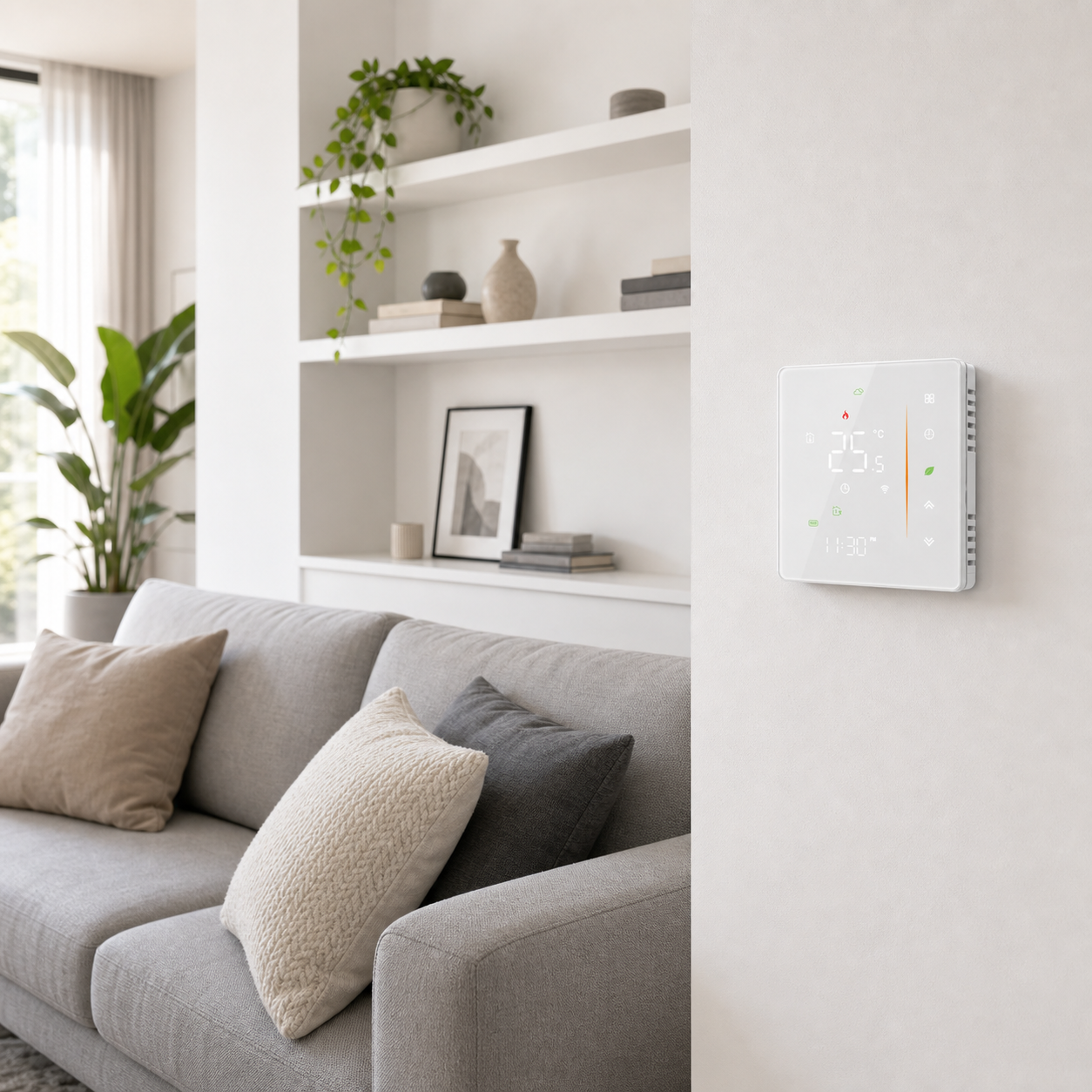 White thermostat installed on a bright living room wall above a sofa