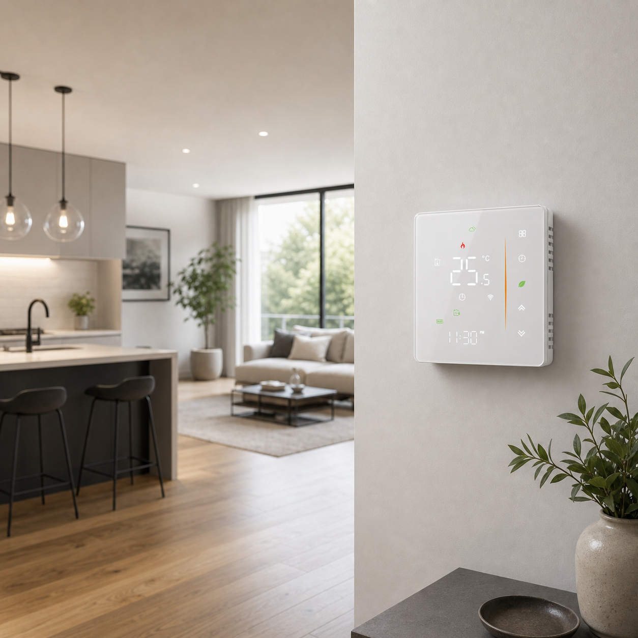 White thermostat installed in a bright modern open-plan interior
