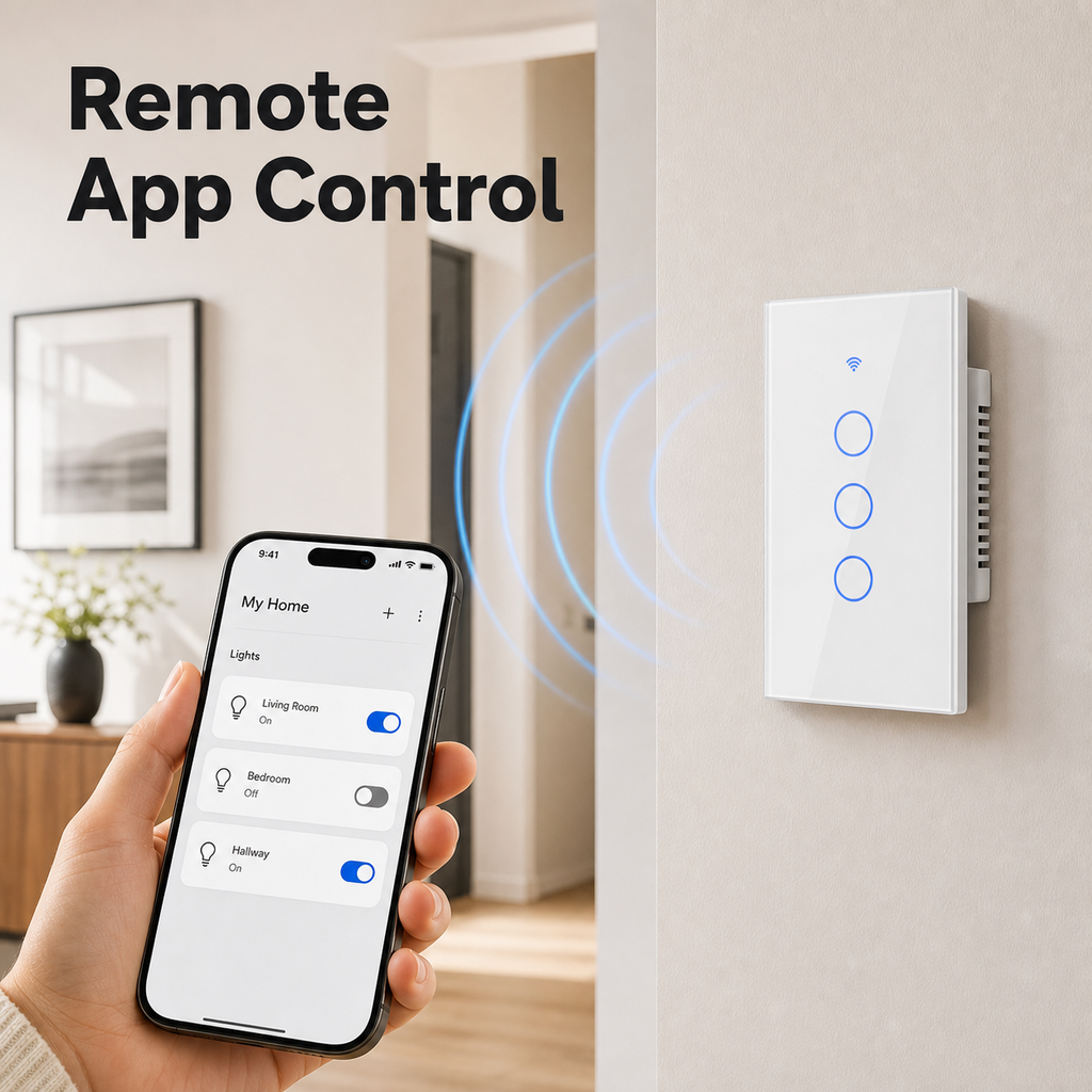 Remote app control lifestyle image with installed glass touch switch