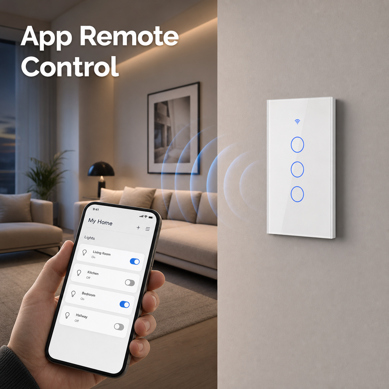 App remote control lifestyle image for Zigbee glass touch switch