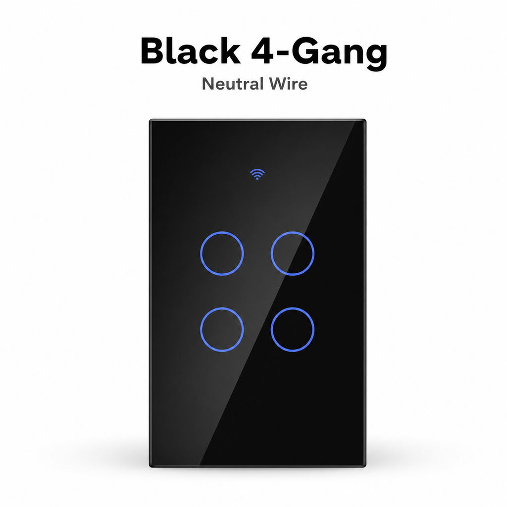 Black 4-gang glass touch switch studio packshot