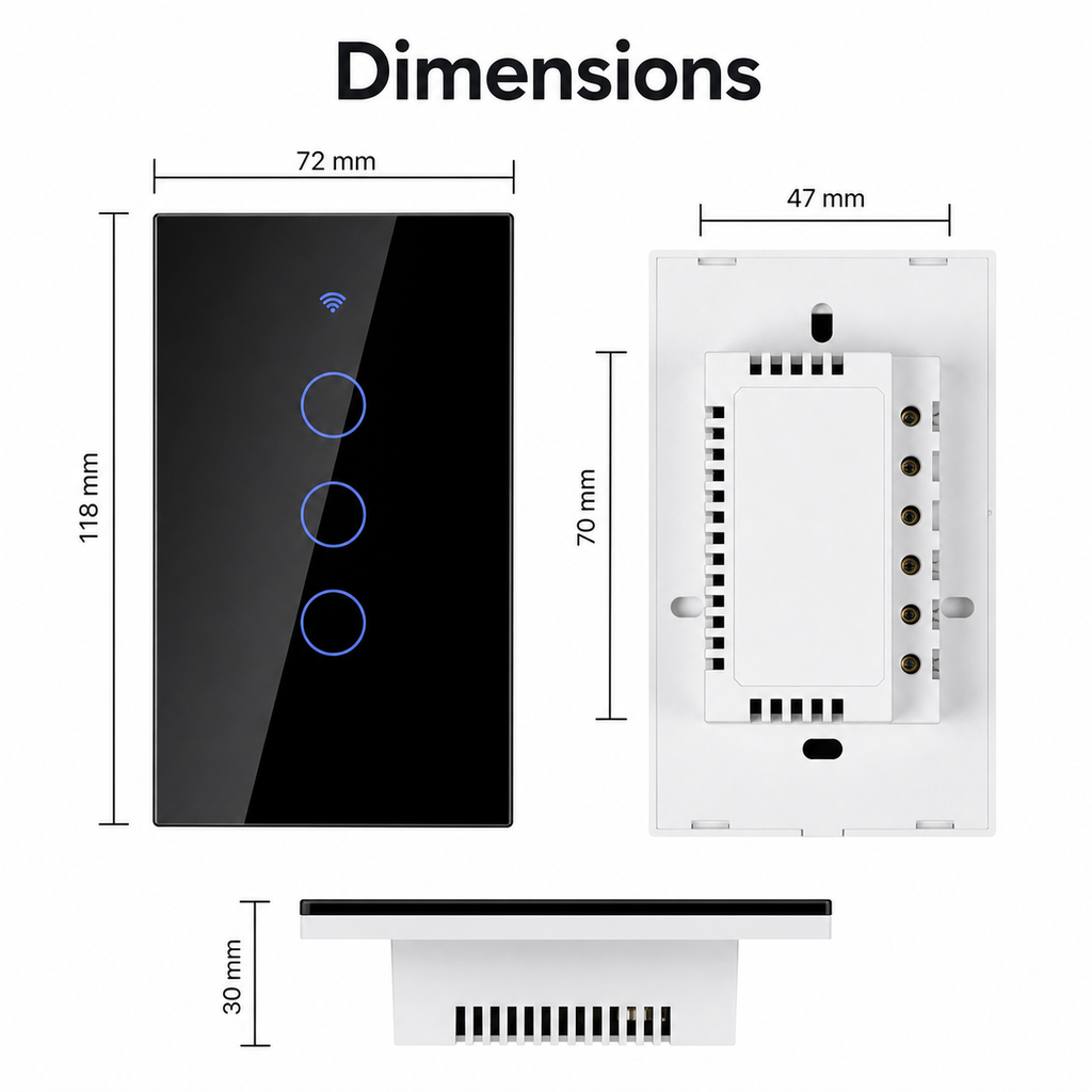 Dimension overview of black glass touch switch with rear module