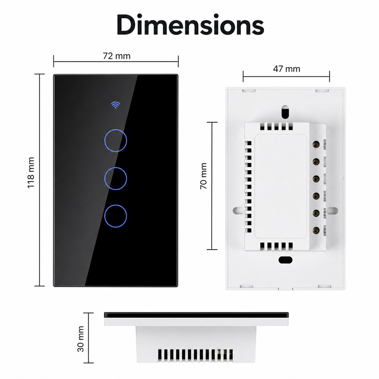 Dimension overview of black glass touch switch with rear module
