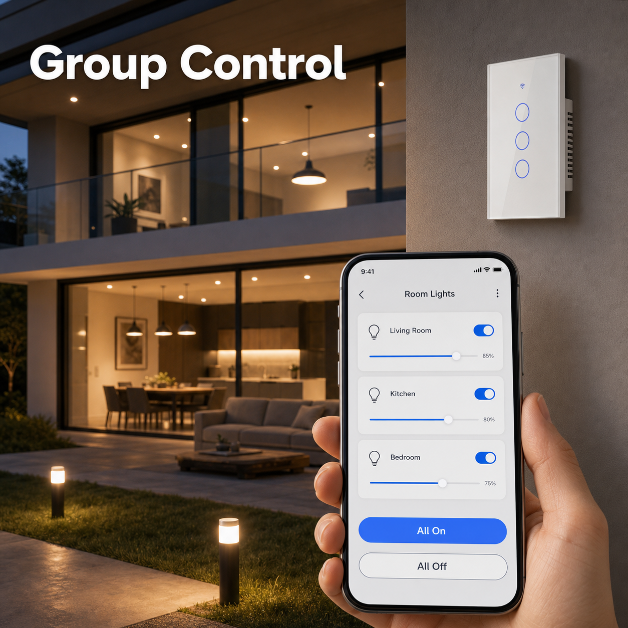 Group control app interface for smart home glass touch switch