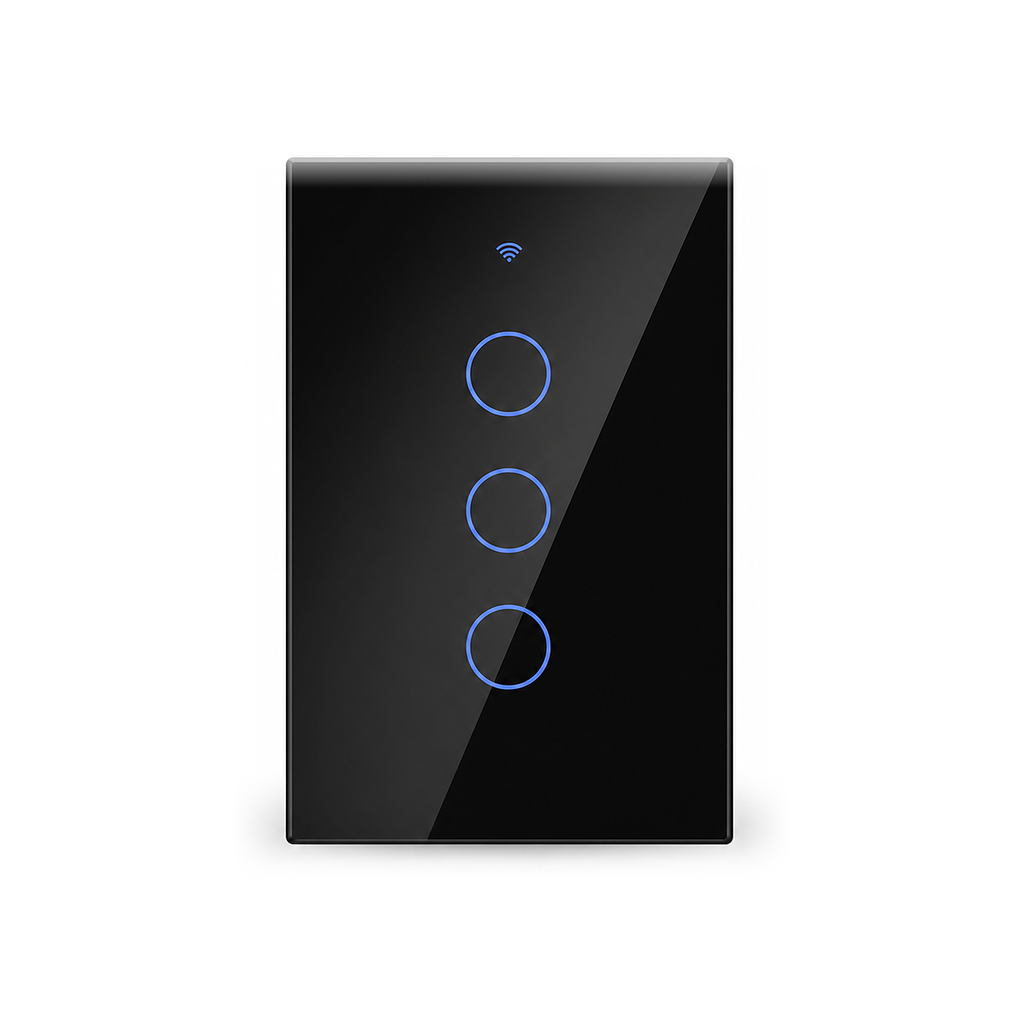 NeoSwitch Glass Comfort interrupteur tactile ZigBee 3 touches noir sur fond blanc