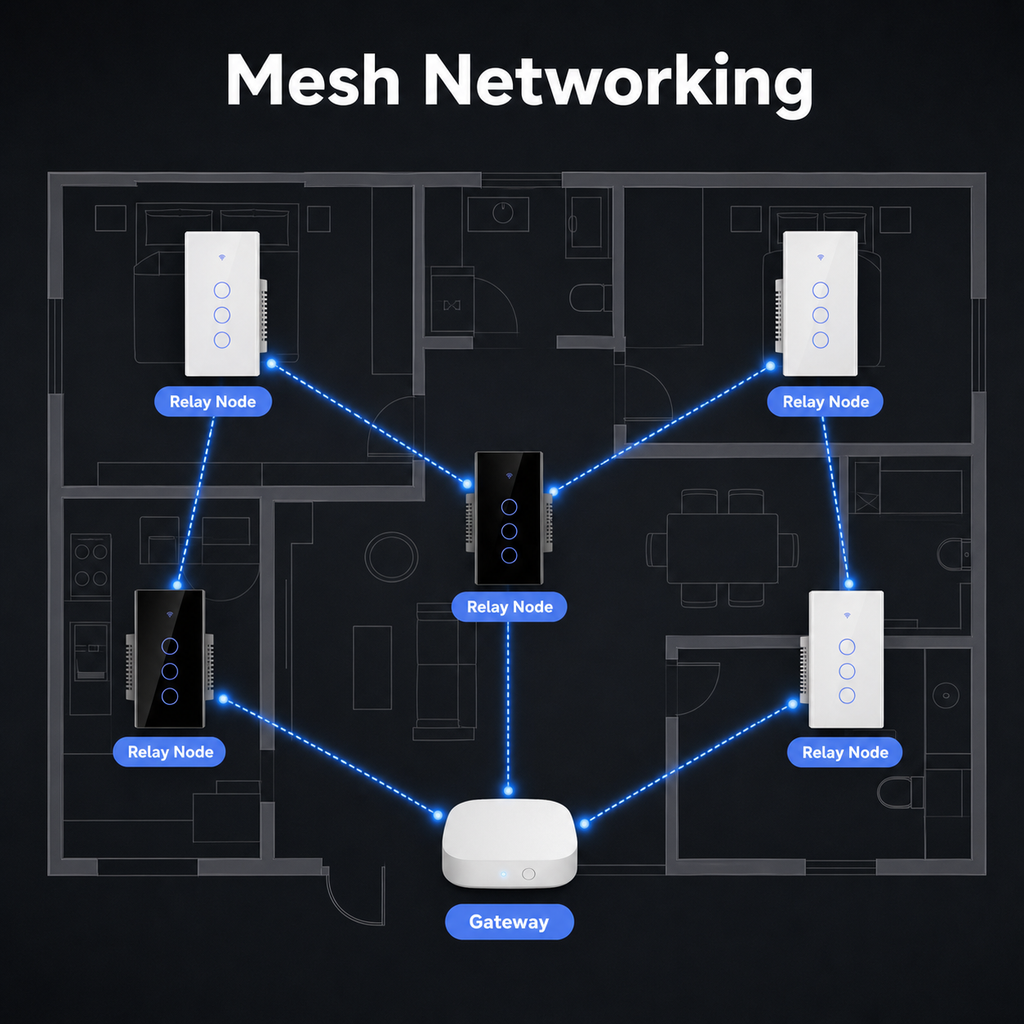 Mesh networking floorplan diagram for Zigbee glass touch switches