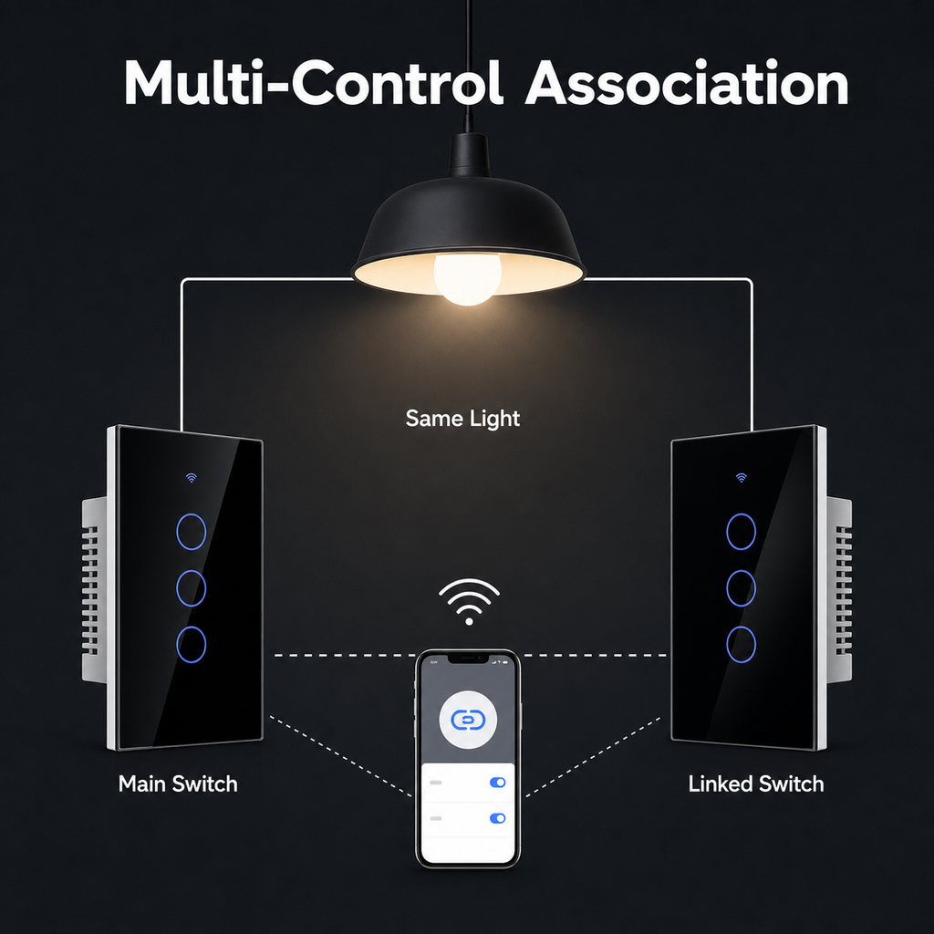 Multi-control association diagram for linked glass touch switches