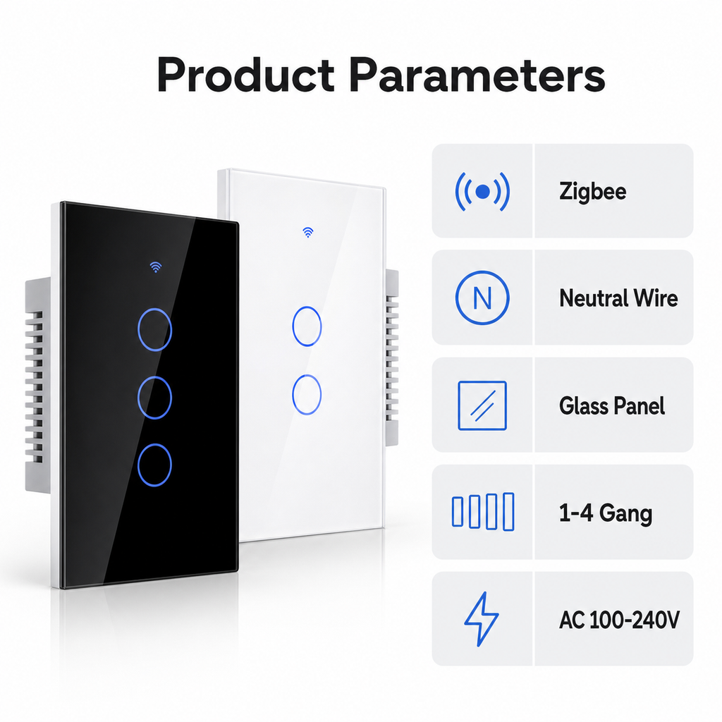 Product parameter overview for Zigbee glass touch switch with neutral wire
