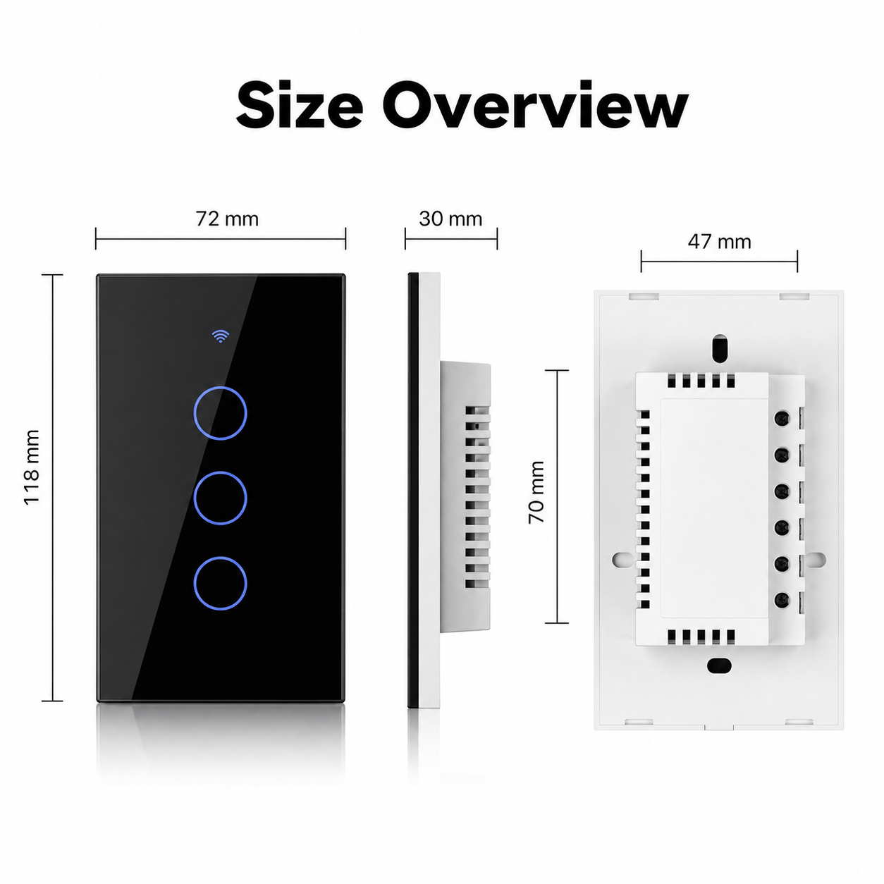 Size overview with front, side and rear views of glass touch switch