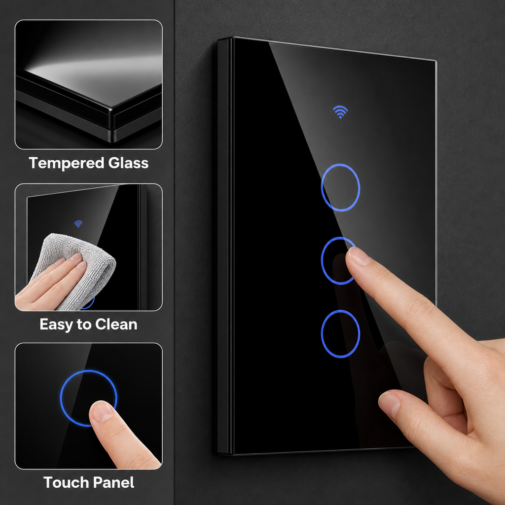 Tempered glass material detail for black touch switch