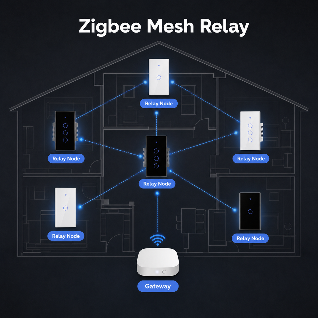 Zigbee mesh relay diagram with glass touch switches and gateway