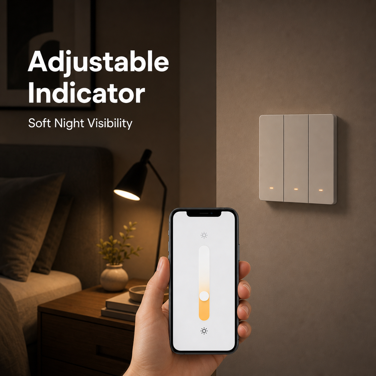 Adjustable LED indicator feature for NéoSwitch M5 Matter Pro in a night bedroom scene