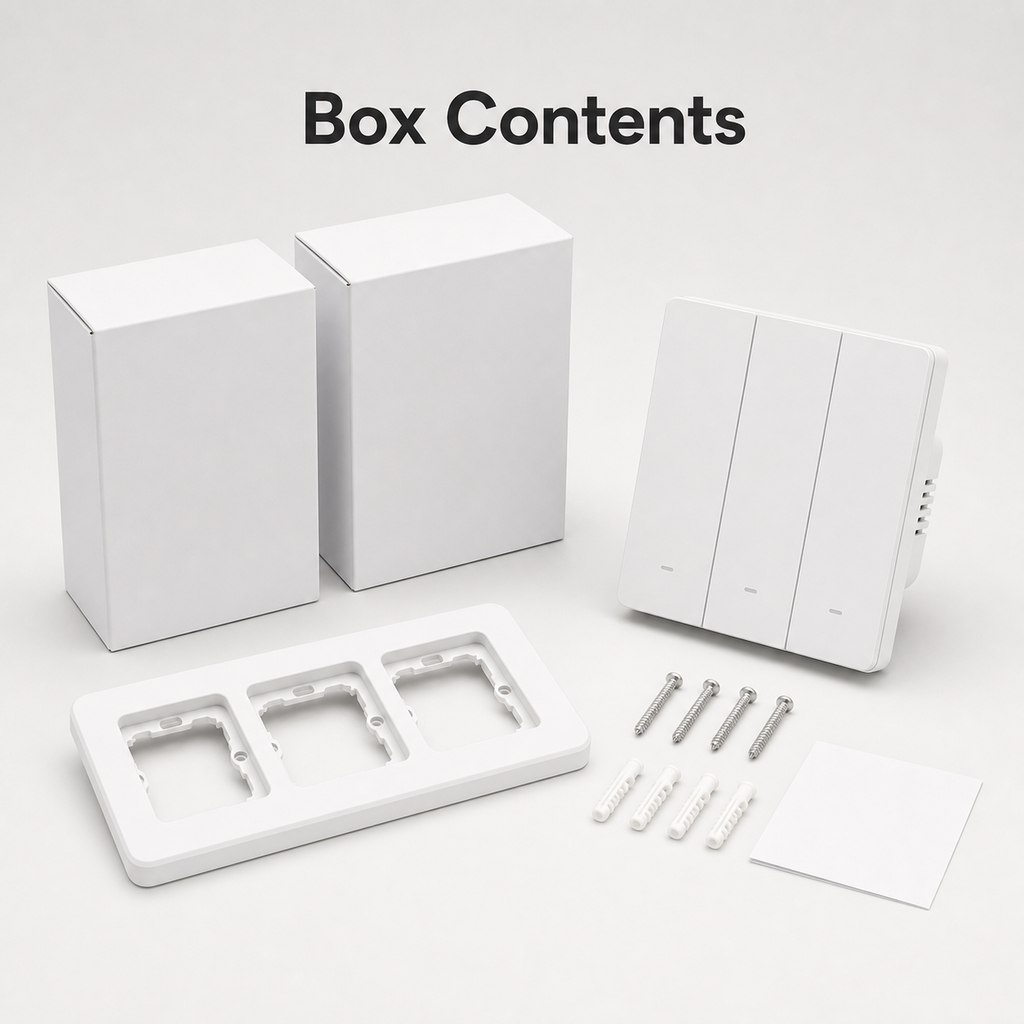 Box contents for NéoSwitch M5 Matter Pro with switch, frame, screws and instruction card
