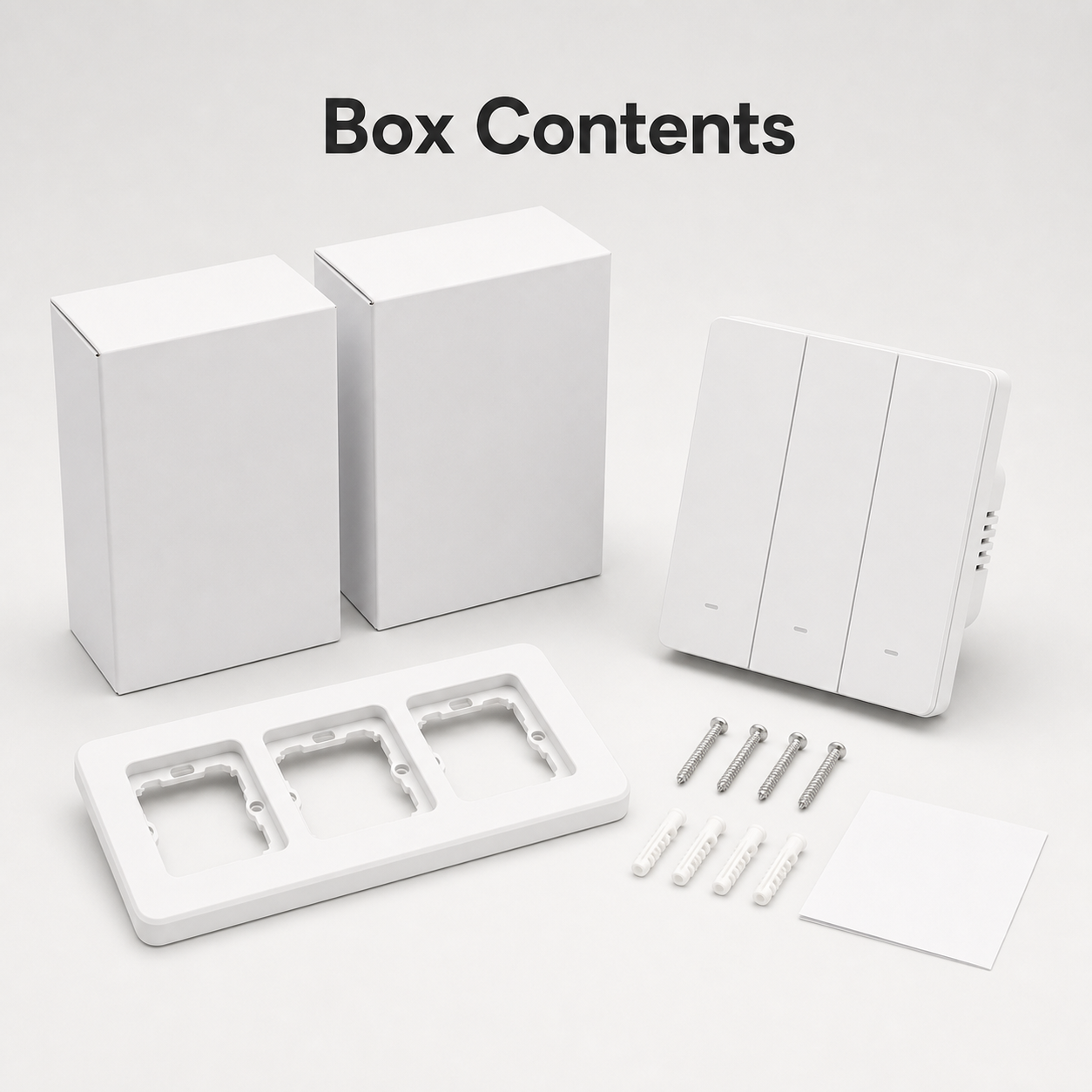 Box contents for NéoSwitch M5 Matter Pro with switch, frame, screws and instruction card