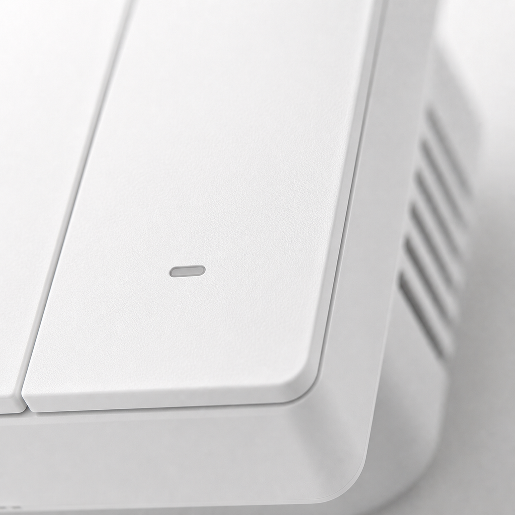 Close-up detail of NéoSwitch M5 Matter Pro mechanical button edge and side vents
