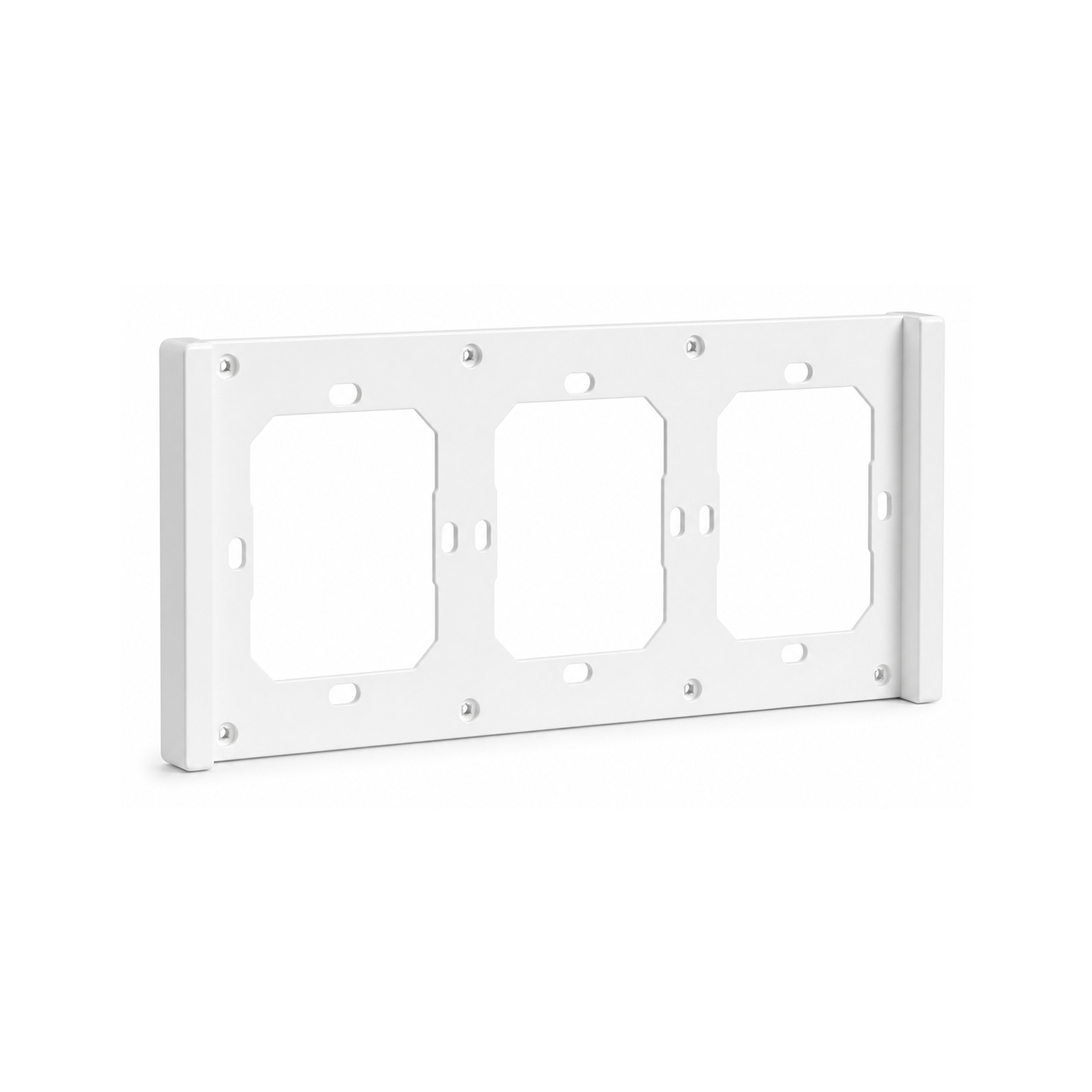 Cadre mural blanc NéoSwitch M5 Matter Pro trois modules sur fond blanc.