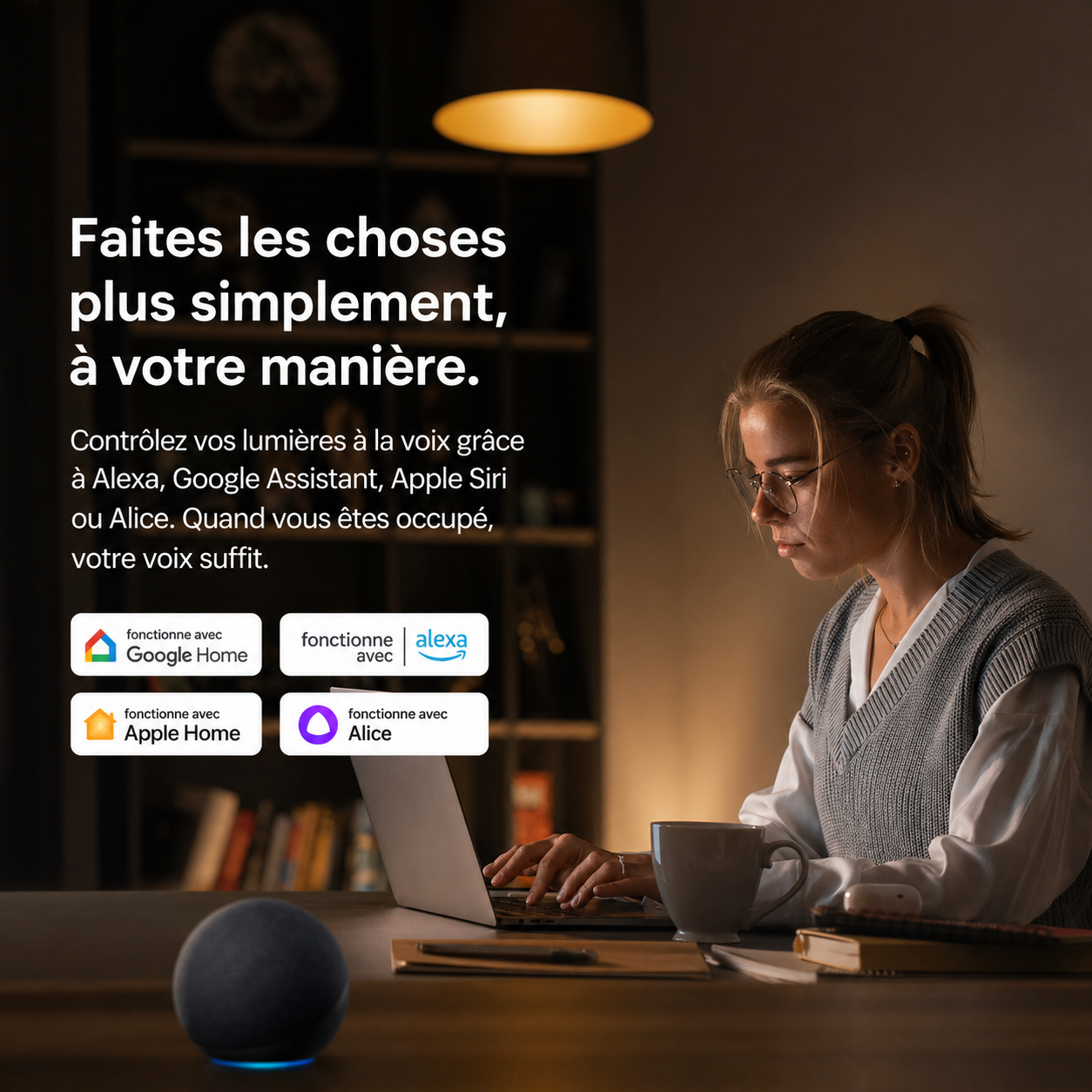 NéoSwitch M5 Matter Pro, commande vocale des lumières avec Alexa, Google Assistant, Apple Home et Alice.