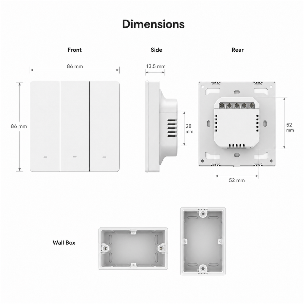 Dimensions diagram for NéoSwitch M5 Matter Pro with front, side and rear views