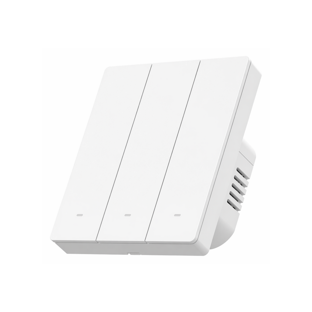 Interrupteur mécanique NéoSwitch M5 Matter Pro format 80 trois canaux sur fond blanc.