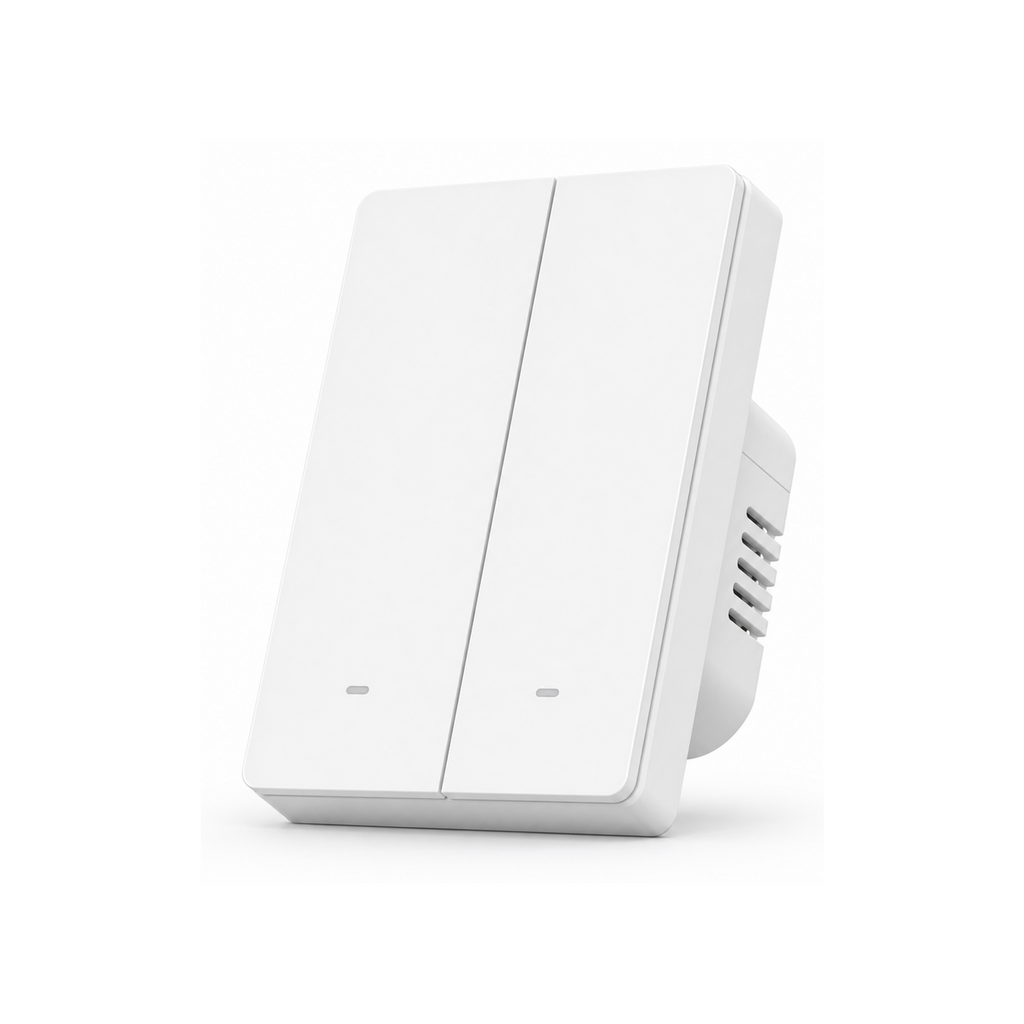 Interrupteur mécanique NéoSwitch M5 Matter Pro format 86 deux canaux sur fond blanc.