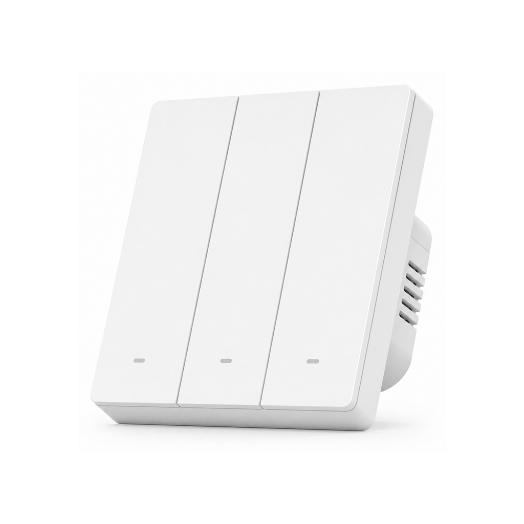 Interrupteur mécanique NéoSwitch M5 Matter Pro format 86 trois canaux sur fond blanc.