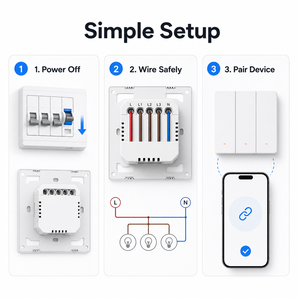 Simple setup guide for NéoSwitch M5 Matter Pro showing power off, wiring and pairing steps