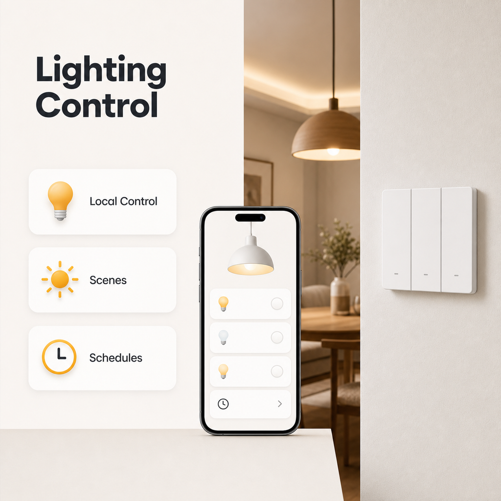 Lighting control feature image for NéoSwitch M5 Matter Pro with local control, scenes and schedules