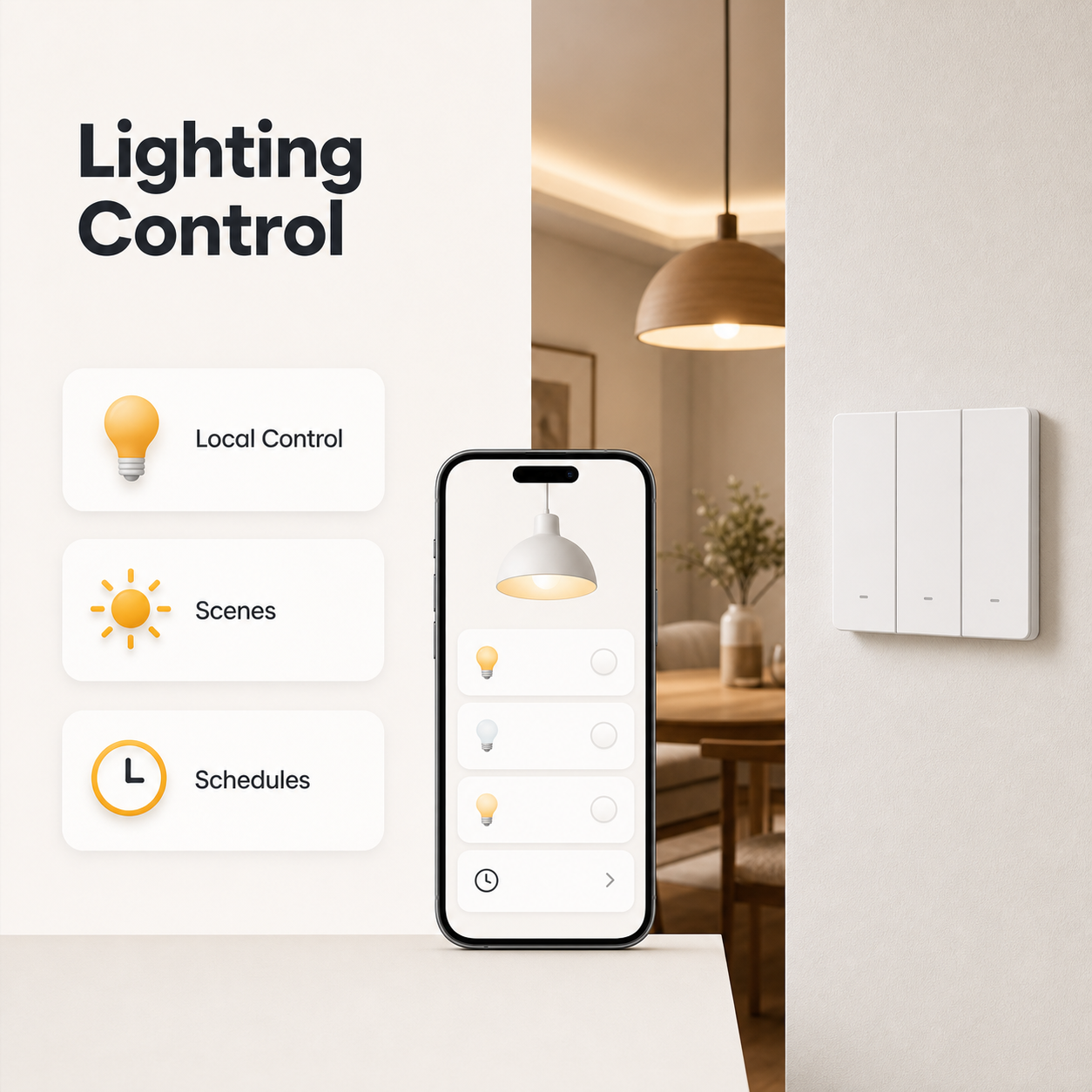 Lighting control feature image for NéoSwitch M5 Matter Pro with local control, scenes and schedules