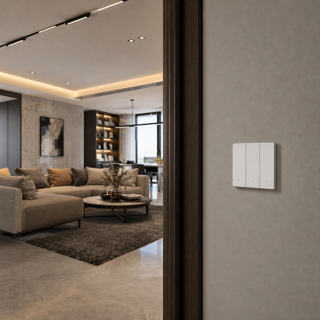 Modern living room wall scene with NéoSwitch M5 Matter Pro installed