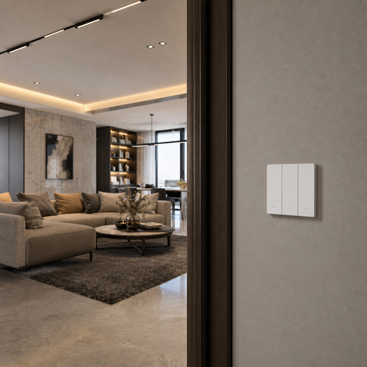 Modern living room wall scene with NéoSwitch M5 Matter Pro installed