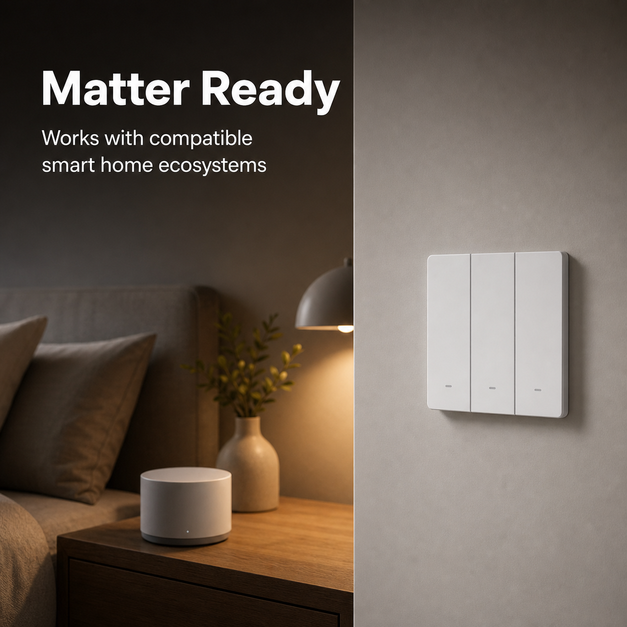Matter smart home compatibility scene for NéoSwitch M5 Matter Pro with generic ecosystem messaging
