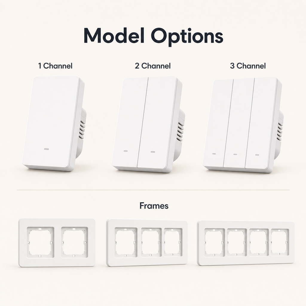 Model options for NéoSwitch M5 Matter Pro one, two and three channel switches with frame accessories