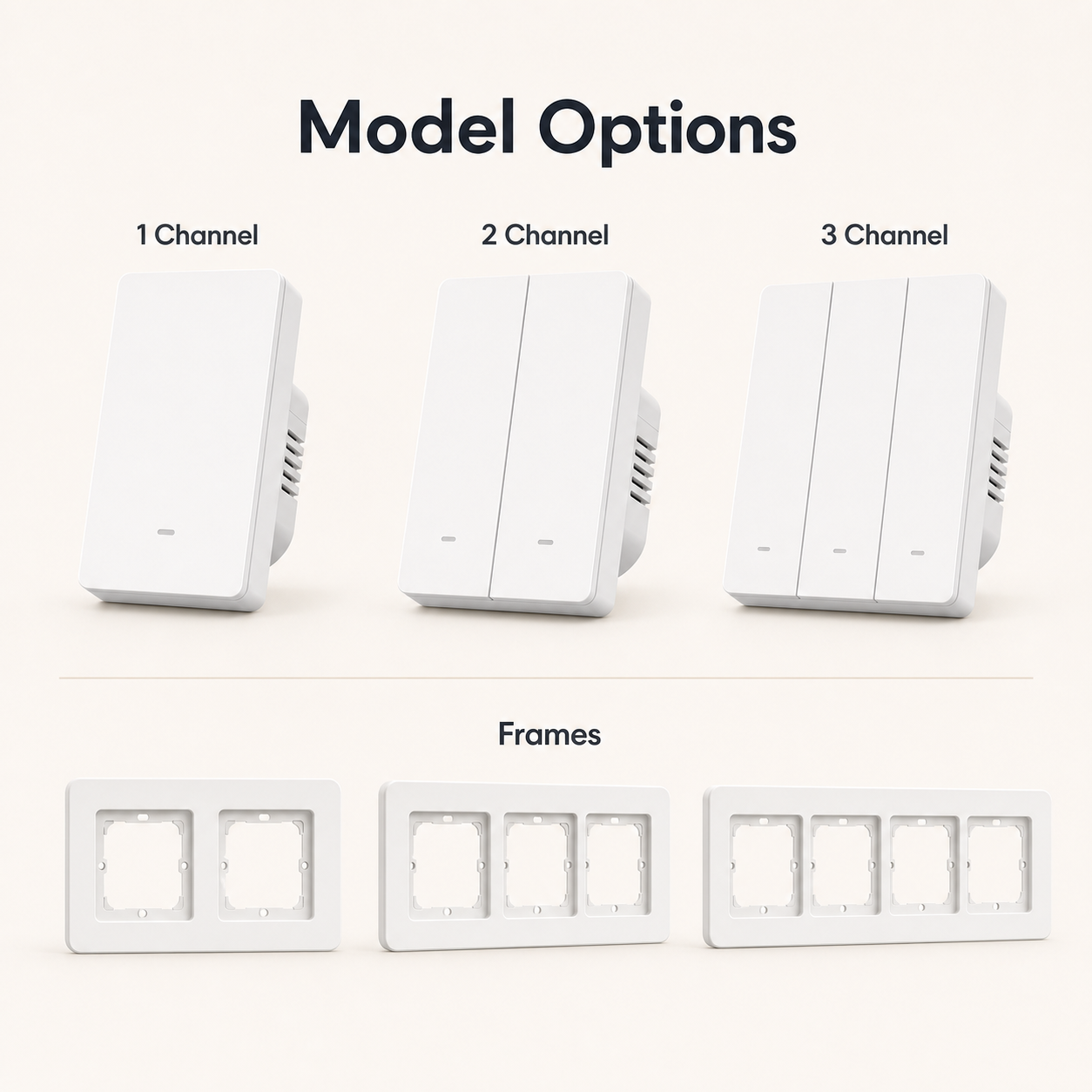 Model options for NéoSwitch M5 Matter Pro one, two and three channel switches with frame accessories