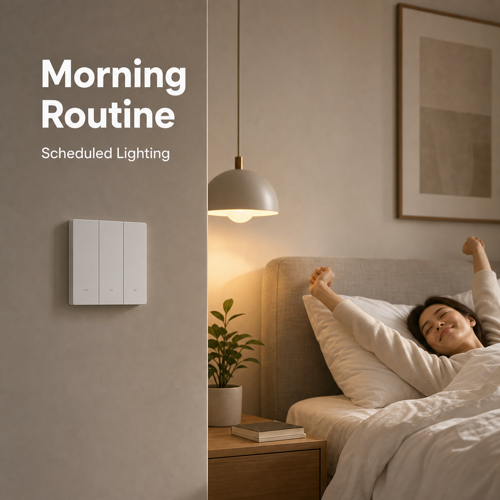 Morning routine scene with scheduled lighting controlled by NéoSwitch M5 Matter Pro