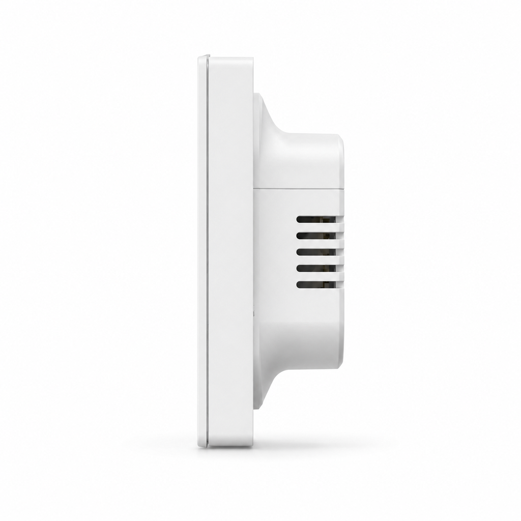 Side profile of NéoSwitch M5 Matter Pro showing wall module depth and ventilation slots